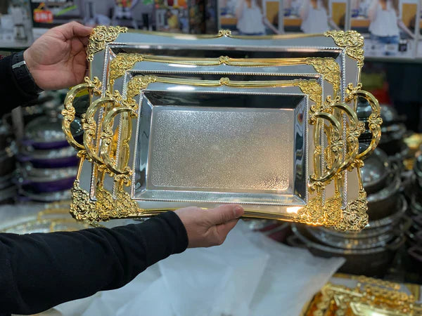 Silver-Golden Serving Trays Stainless Steel 3 in 1